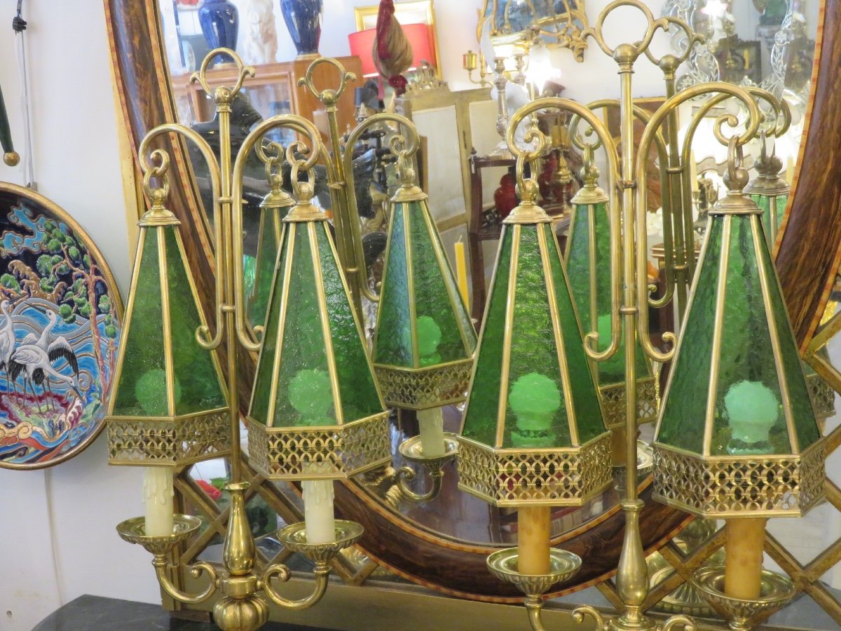 Paire de lampes à double lumières  , en forme de pagode , en laiton et verre martelé HT: 67 cm-photo-4