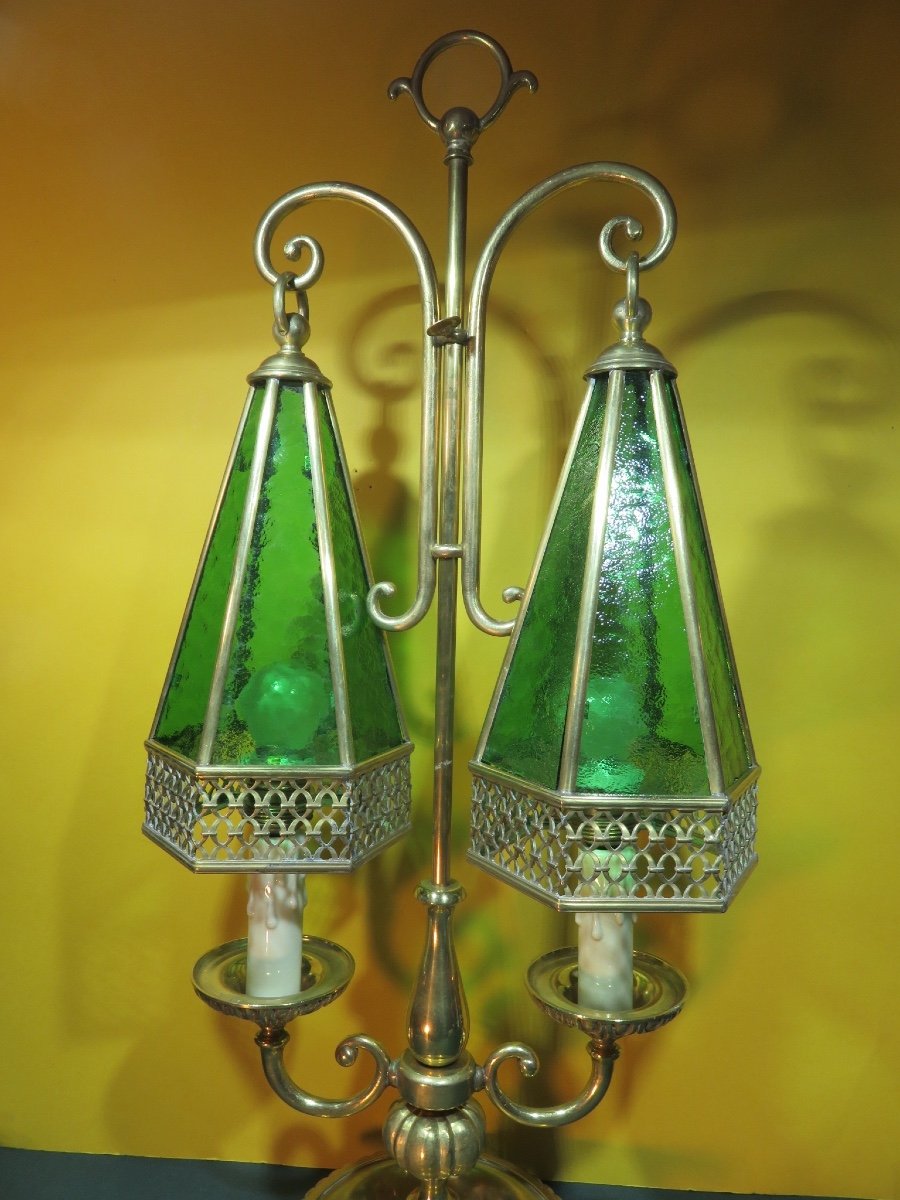 Paire de lampes à double lumières  , en forme de pagode , en laiton et verre martelé HT: 67 cm-photo-7