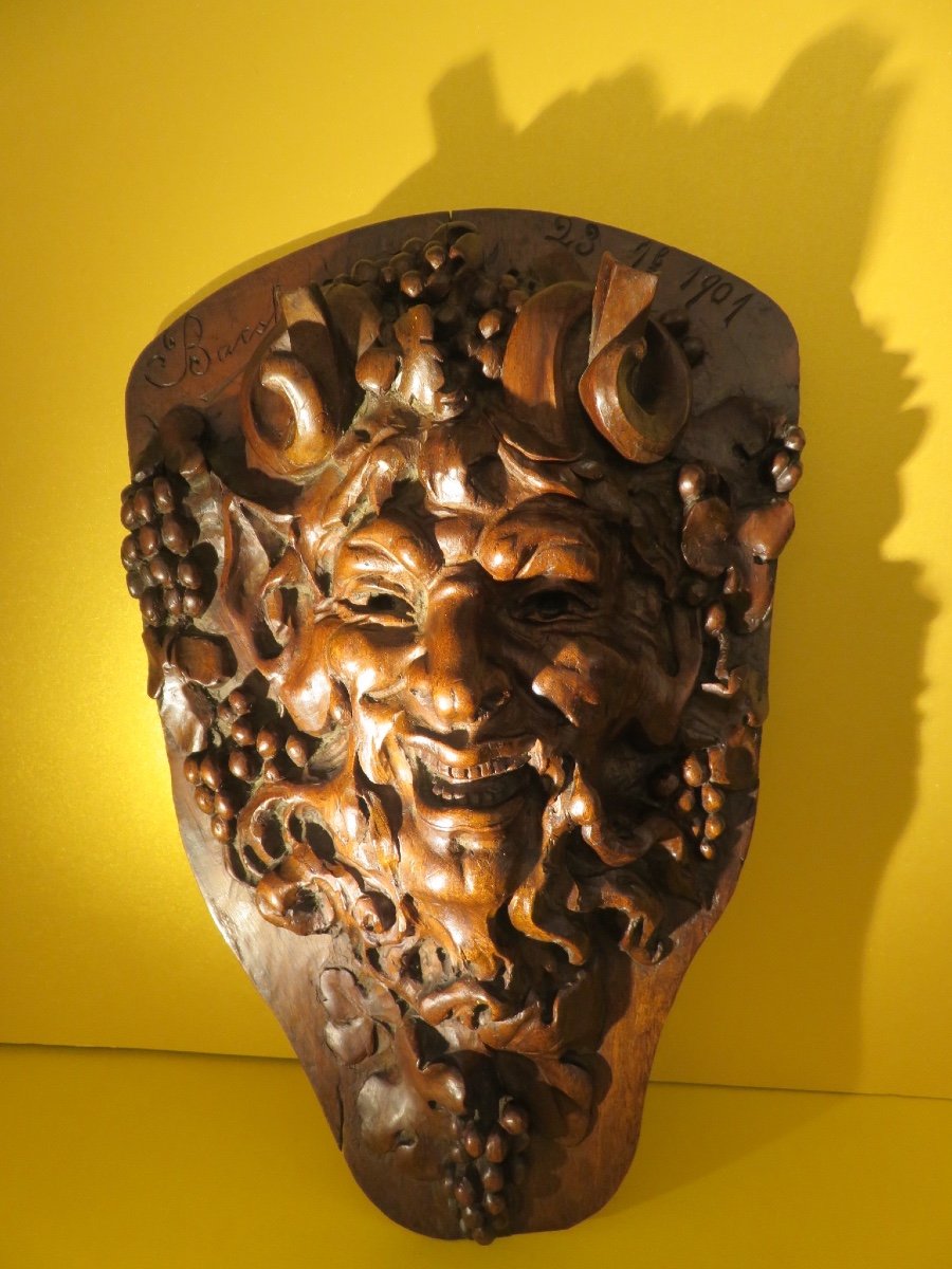 Carved Wooden Head Of Bacchus Dated 1901-photo-2