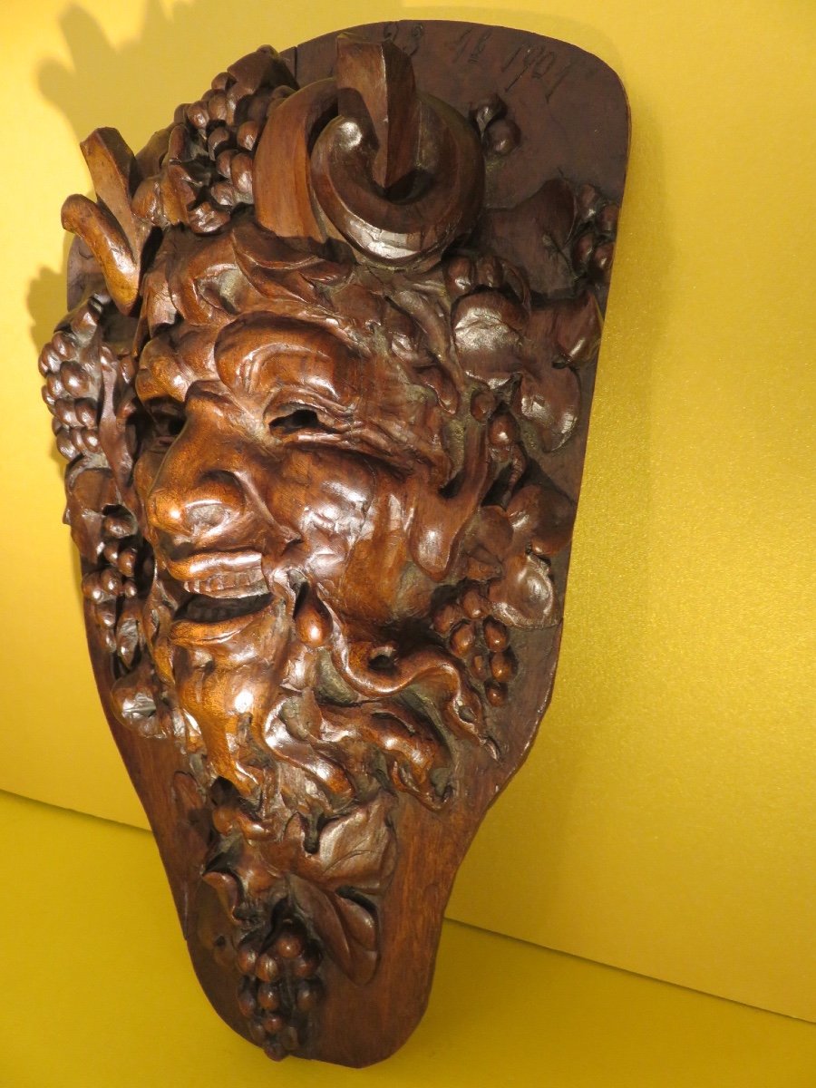 Carved Wooden Head Of Bacchus Dated 1901-photo-3