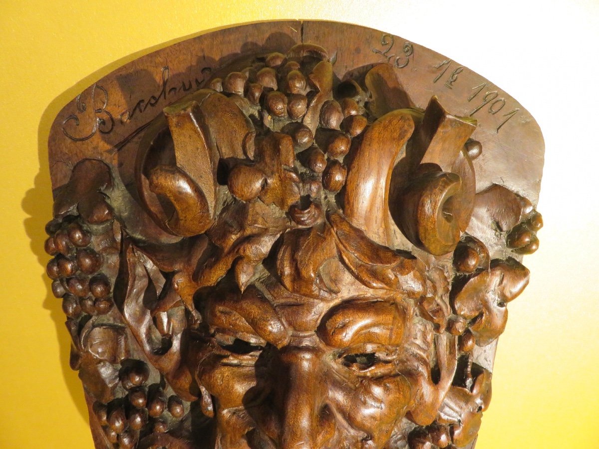 Carved Wooden Head Of Bacchus Dated 1901-photo-4