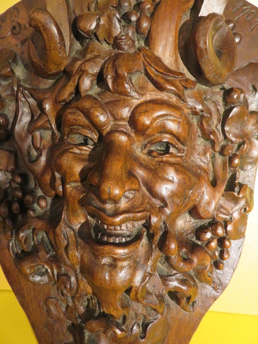 Carved Wooden Head Of Bacchus Dated 1901-photo-1