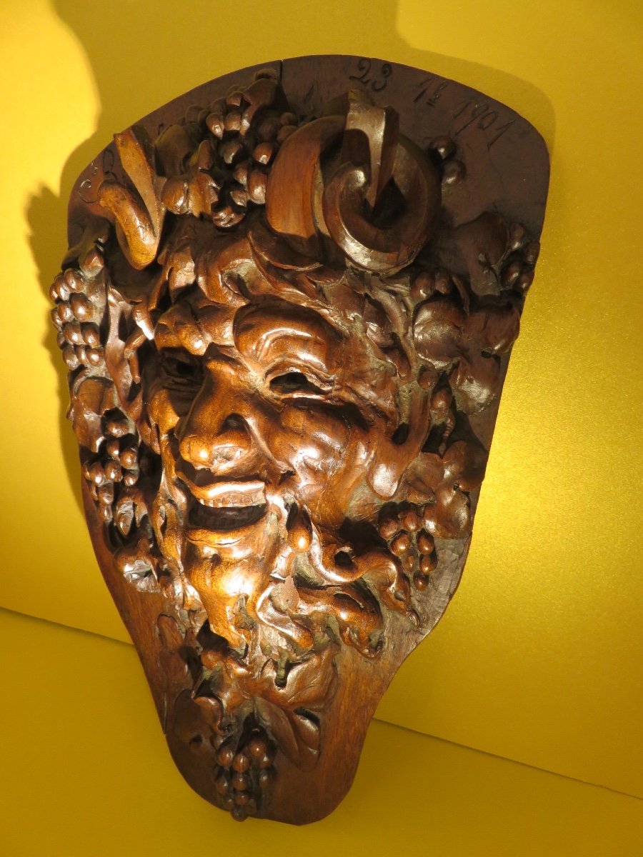 Carved Wooden Head Of Bacchus Dated 1901-photo-7