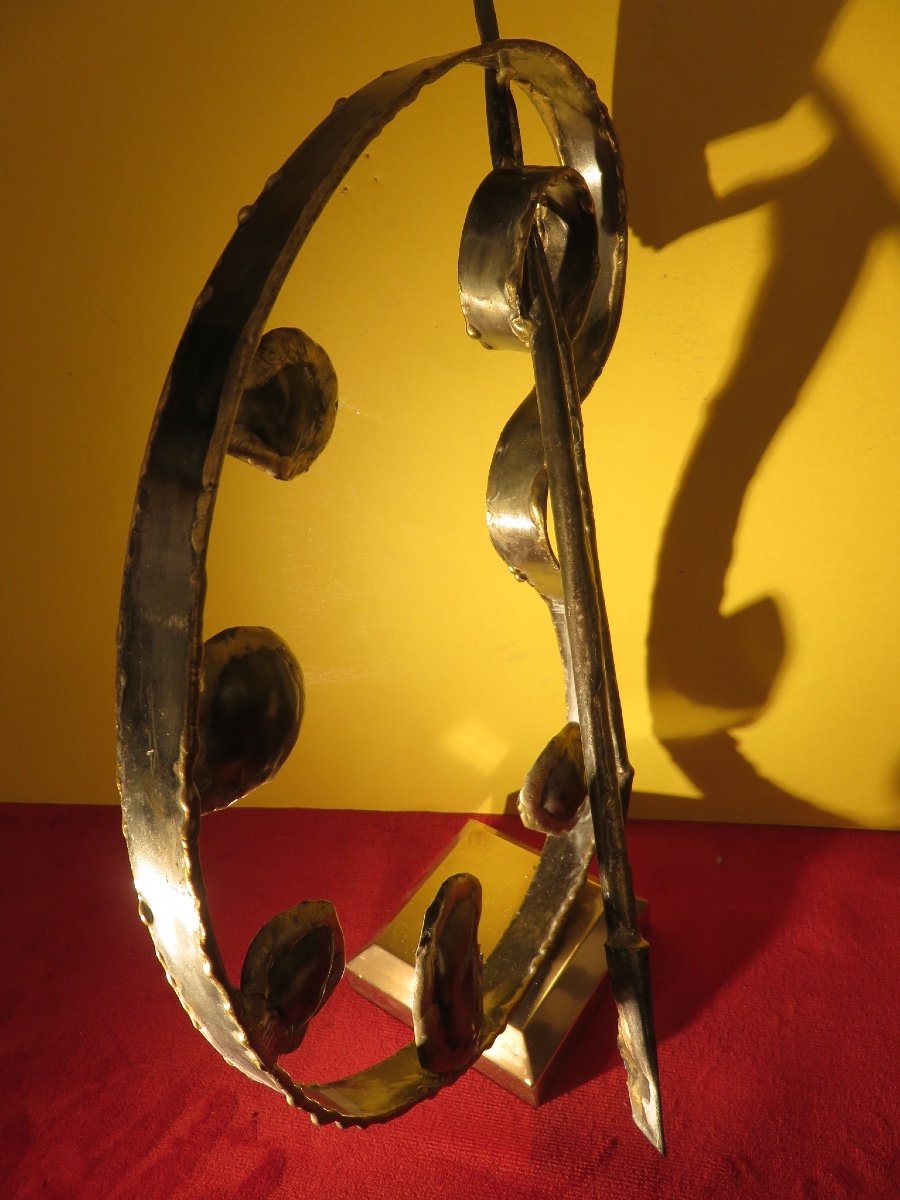 Sculpture dite " Brutaliste " : palette et pinceaux en acier et bronze signée Calain -photo-3
