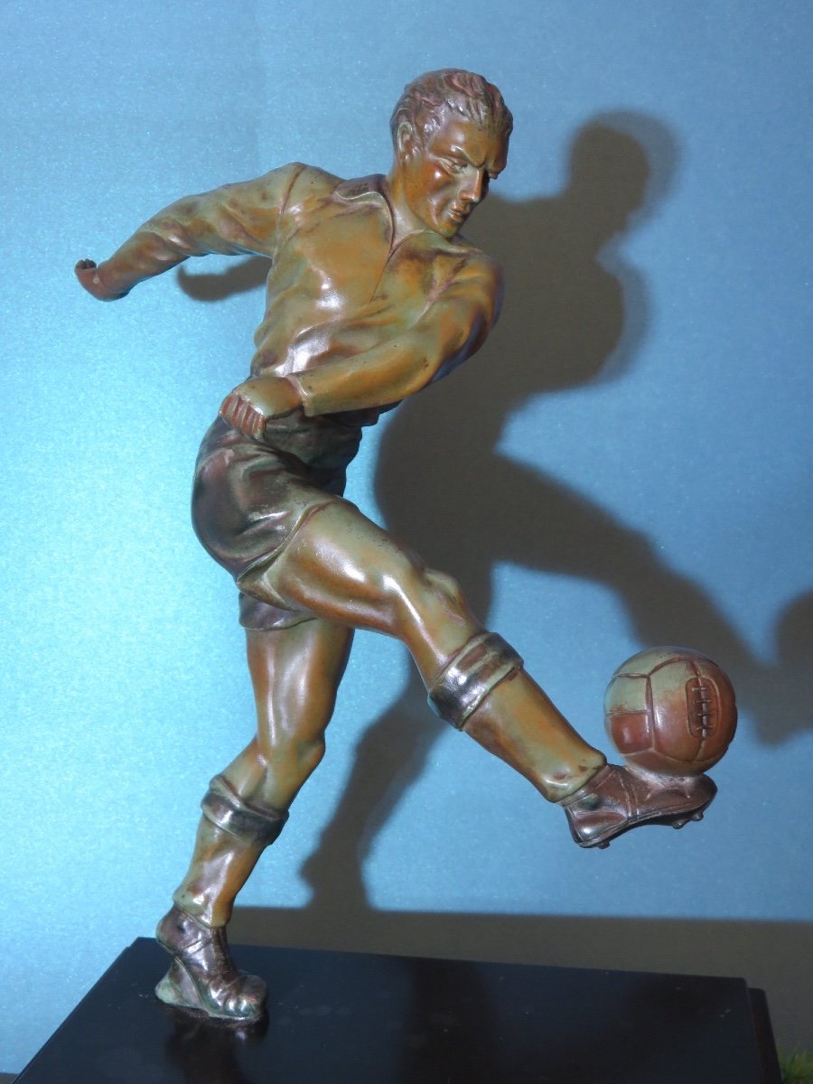 Sculpture In Regula, Black Marble Base Of A Footballer, Art Deco Period-photo-2