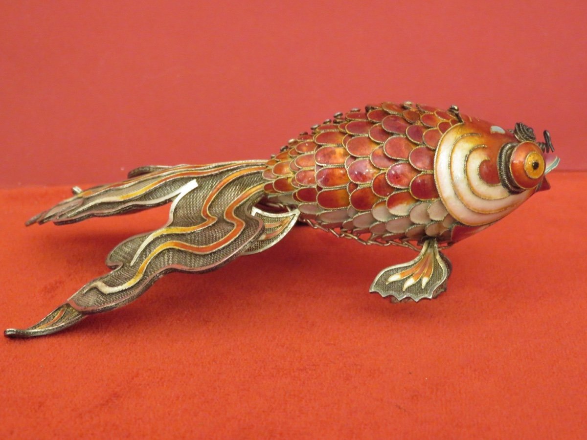 Koi Fish, Articulated, In Silver Filigree And Cloisonné Enamel, China Early 20th Century-photo-4