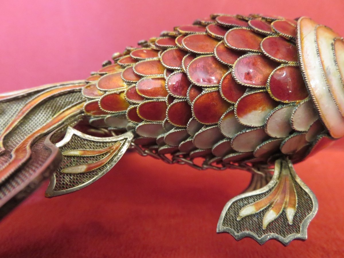 Koi Fish, Articulated, In Silver Filigree And Cloisonné Enamel, China Early 20th Century-photo-7