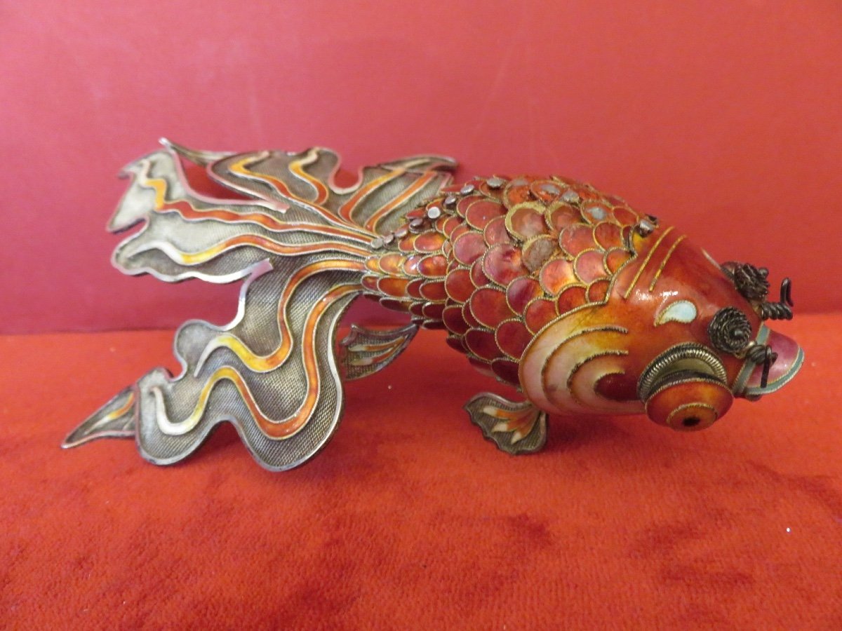 Koi Fish, Articulated, In Silver Filigree And Cloisonné Enamel, China Early 20th Century-photo-8