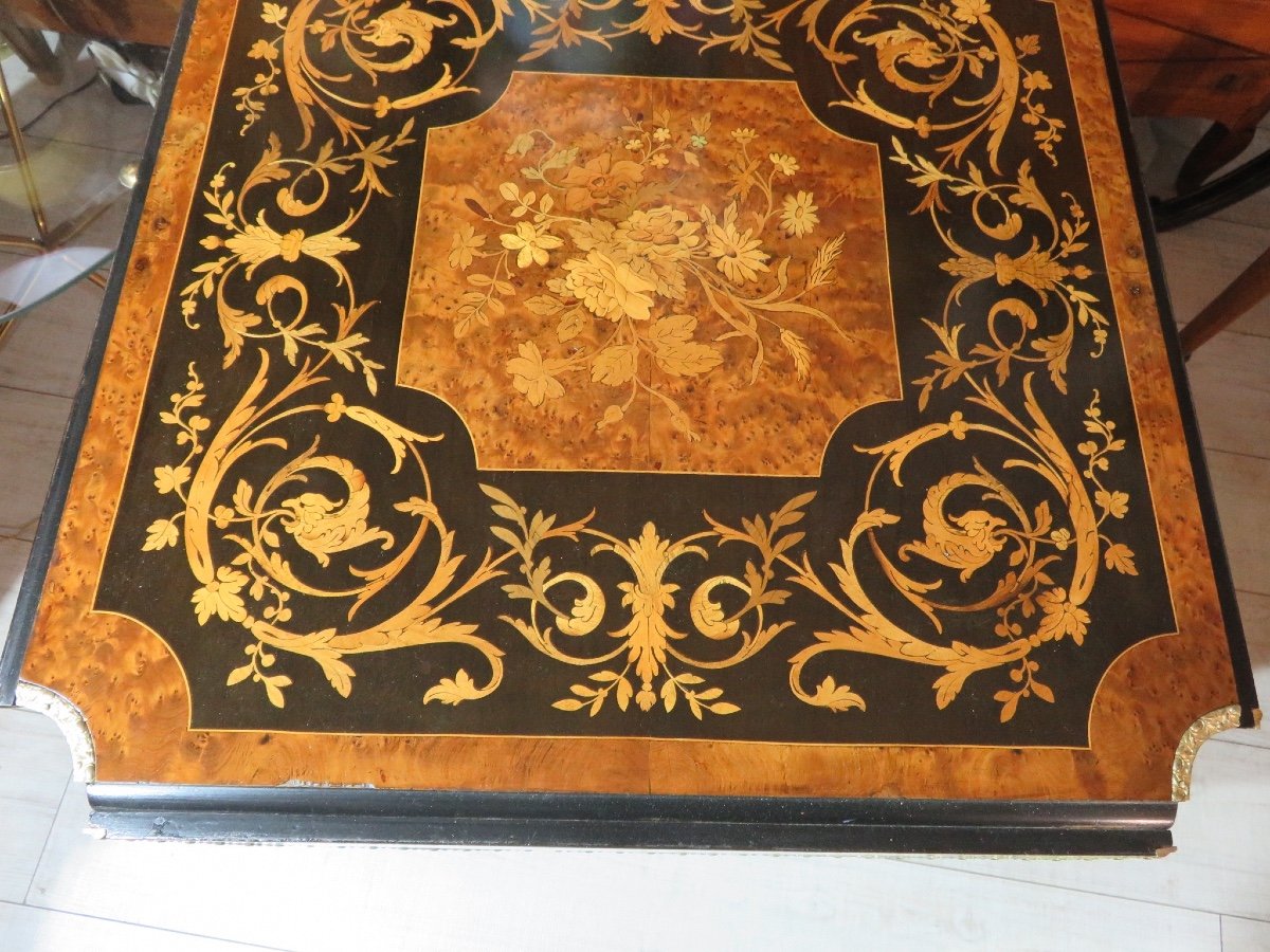 Inlaid Middle Table, With Four Flaps, Gilded Bronze Decoration, Napoleon III Period-photo-2