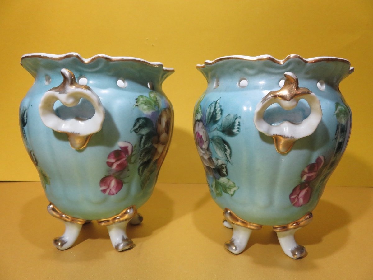 Paire de cache pots en porcelaine polychrome à double décor de fleurs XXème-photo-4