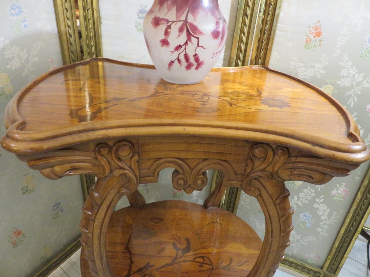 Table ,  guéridon , à double plateaux  ,  d'époque Art Nouveau en marqueterie -photo-4