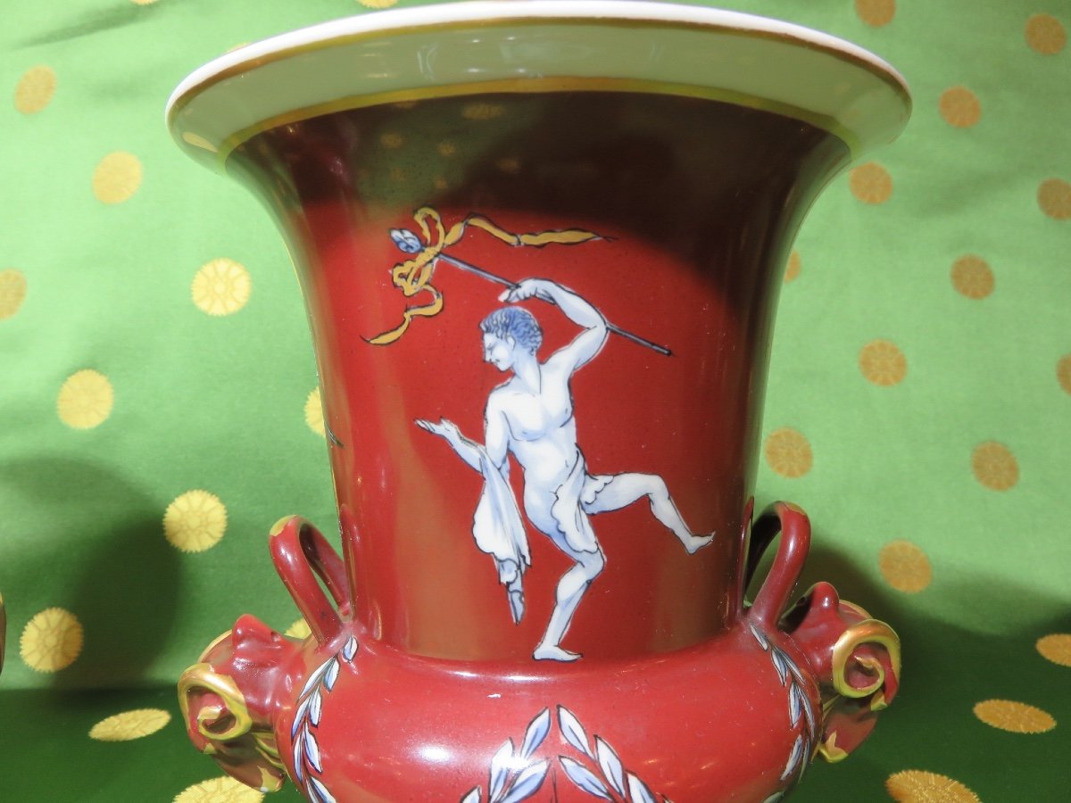 Paire de vases de forme Medicis en porcelaine à double décor dans le style Néo classique XX ème-photo-6
