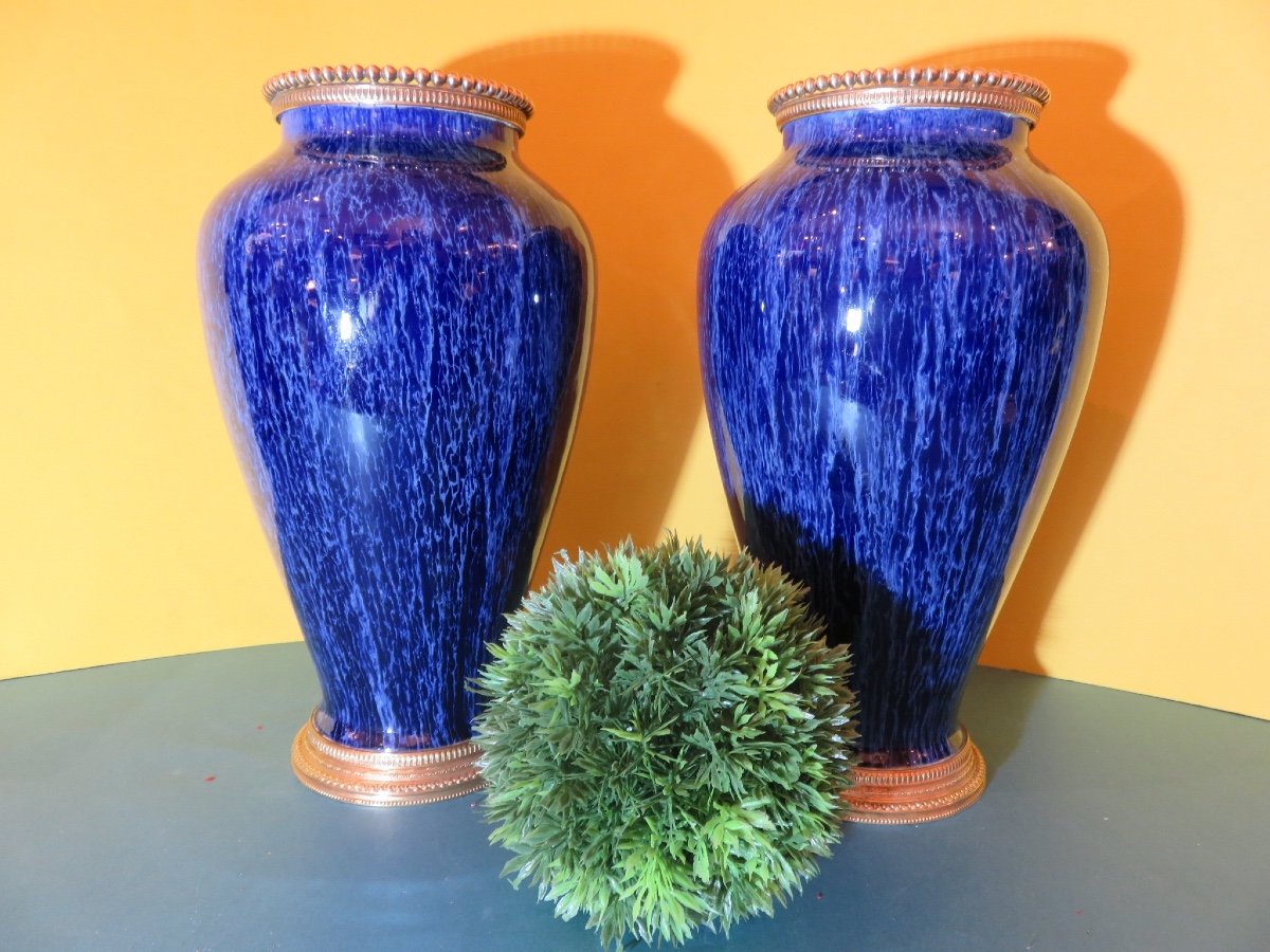 Paire de vases en céramique flammée bleue ,monture en bronze doré ,Boch Frères Keramis -photo-8