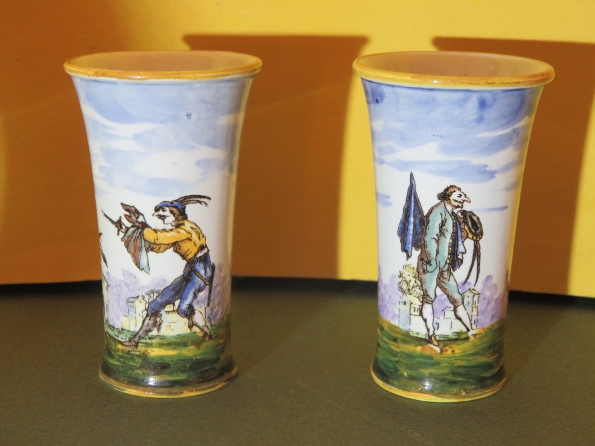 Pair Of Small Gien Scroll Vases With Rotating Decoration From The Comedy Dell "arte-photo-3