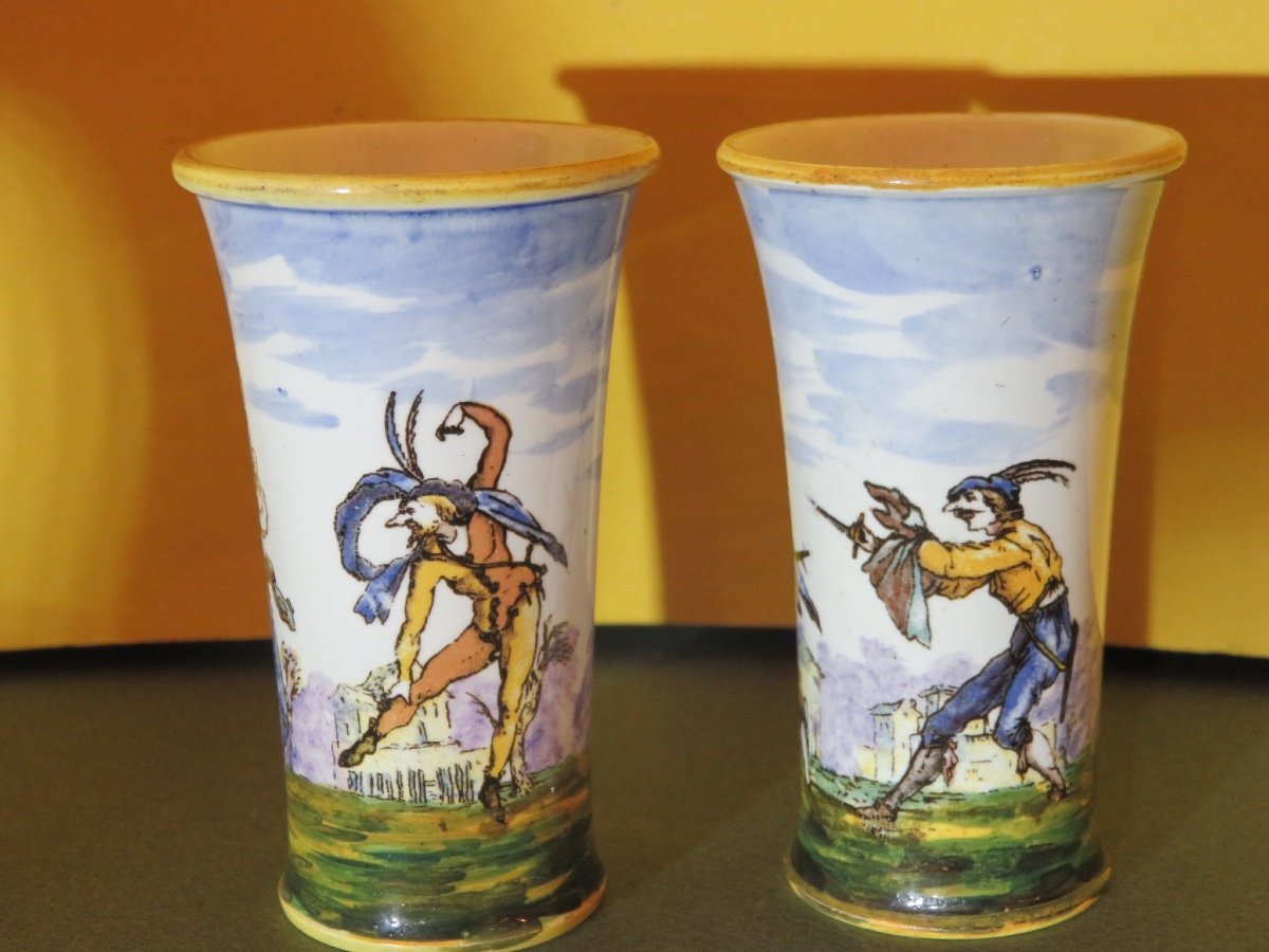 Pair Of Small Gien Scroll Vases With Rotating Decoration From The Comedy Dell "arte-photo-7