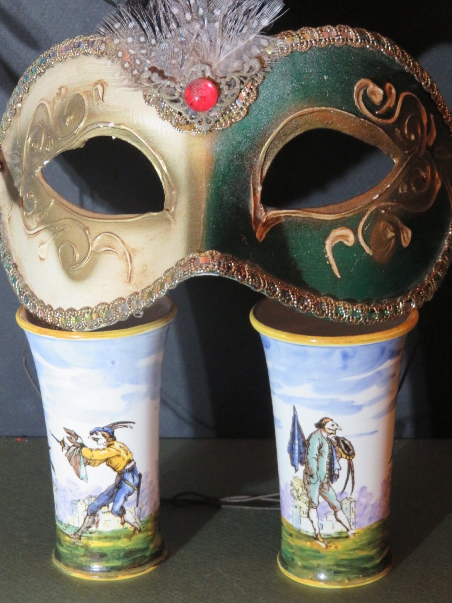 Pair Of Small Gien Scroll Vases With Rotating Decoration From The Comedy Dell "arte