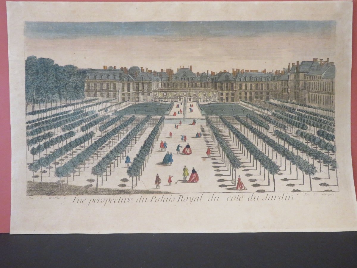 Gravure , vue d'optique XVIII ème  "Perspective du Palais Royal du côté du jardin " de Mondhare-photo-6