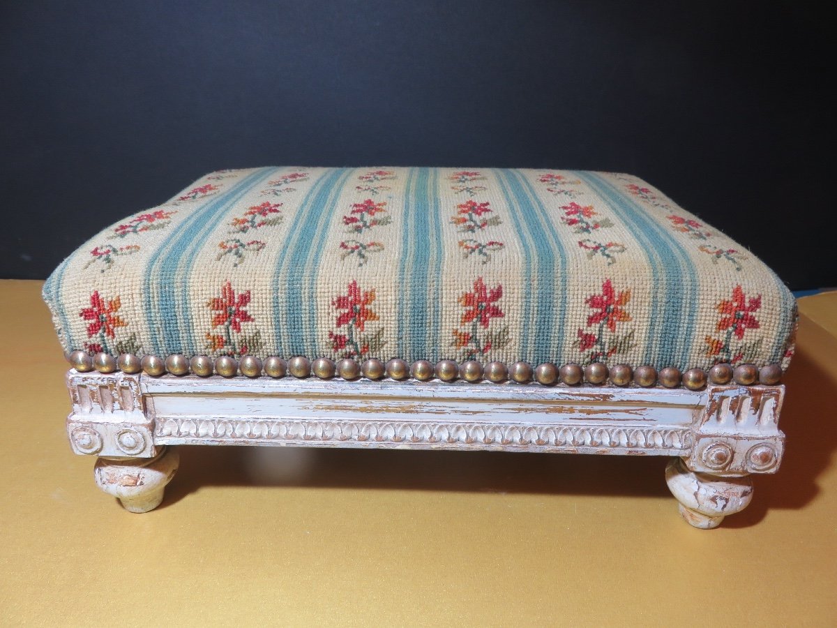 Louis XVI Style Footrest, 19th Century Petit Point Tapestry