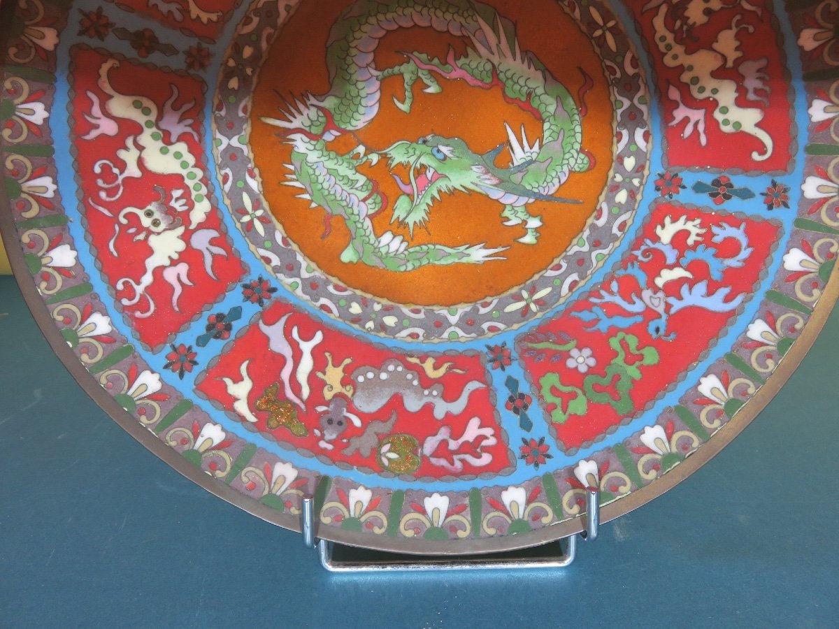 Plat circulaire en émaux cloisonnés à décor de dragons  période Meiji ( 1868- 1912)-photo-3