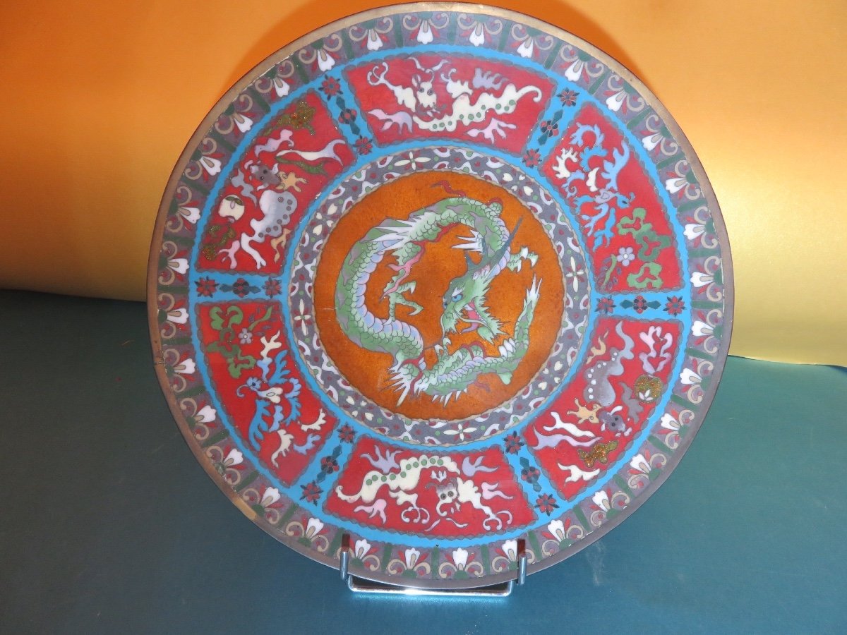 Circular Cloisonné Enamel Dish With Dragon Decoration, Meiji Period (1868-1912)-photo-4