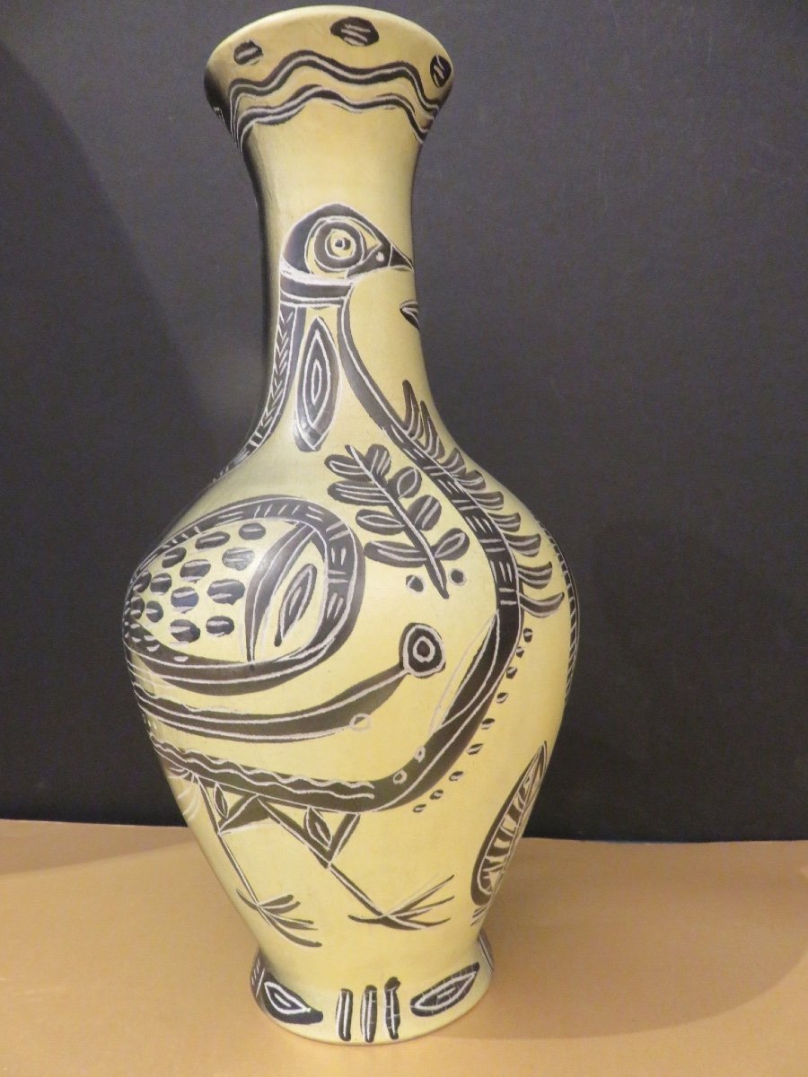 Michel Barbier (1931 - 2005) Black And Yellow Earthenware With Incised Decoration Of Two Birds, Signed.-photo-2