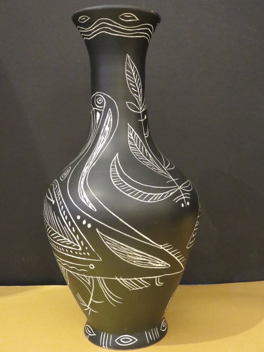 Michel Barbier (1931 - 2005) Black And Yellow Earthenware With Incised Decoration Of Two Birds, Signed.-photo-3