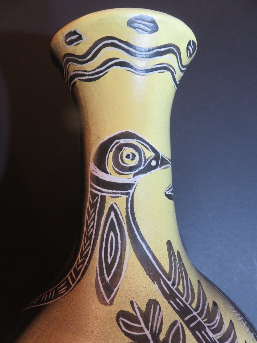 Michel Barbier (1931 - 2005) Black And Yellow Earthenware With Incised Decoration Of Two Birds, Signed.-photo-5