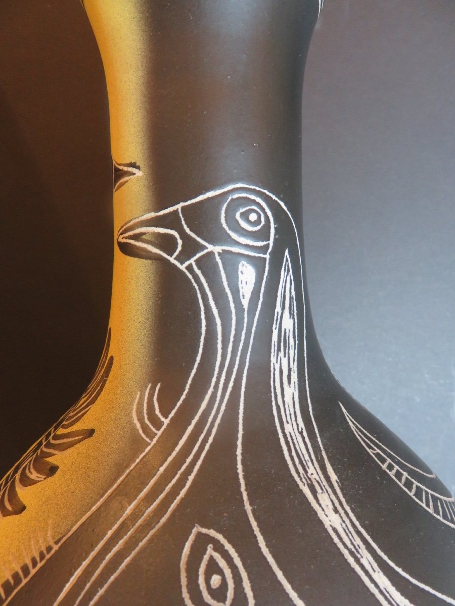 Michel Barbier (1931 - 2005) Black And Yellow Earthenware With Incised Decoration Of Two Birds, Signed.-photo-6