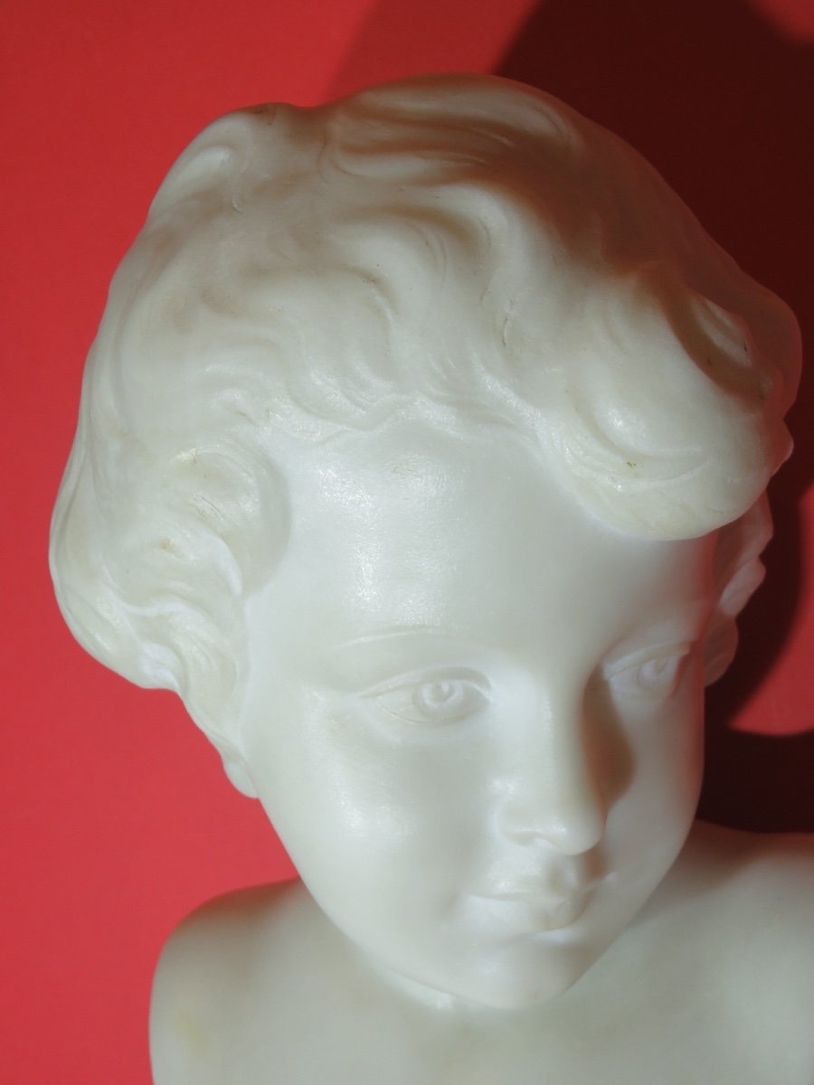 Carrara Marble Bust Of A Child And Portor Marble Base Signed Pugi (1850 - 1915)-photo-2