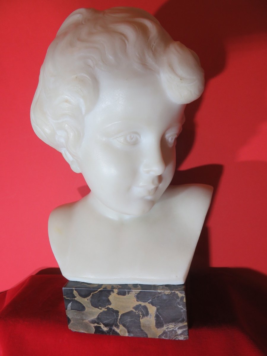 Carrara Marble Bust Of A Child And Portor Marble Base Signed Pugi (1850 - 1915)-photo-3