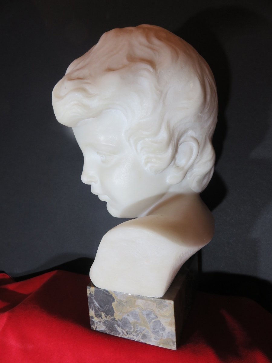 Carrara Marble Bust Of A Child And Portor Marble Base Signed Pugi (1850 - 1915)-photo-2