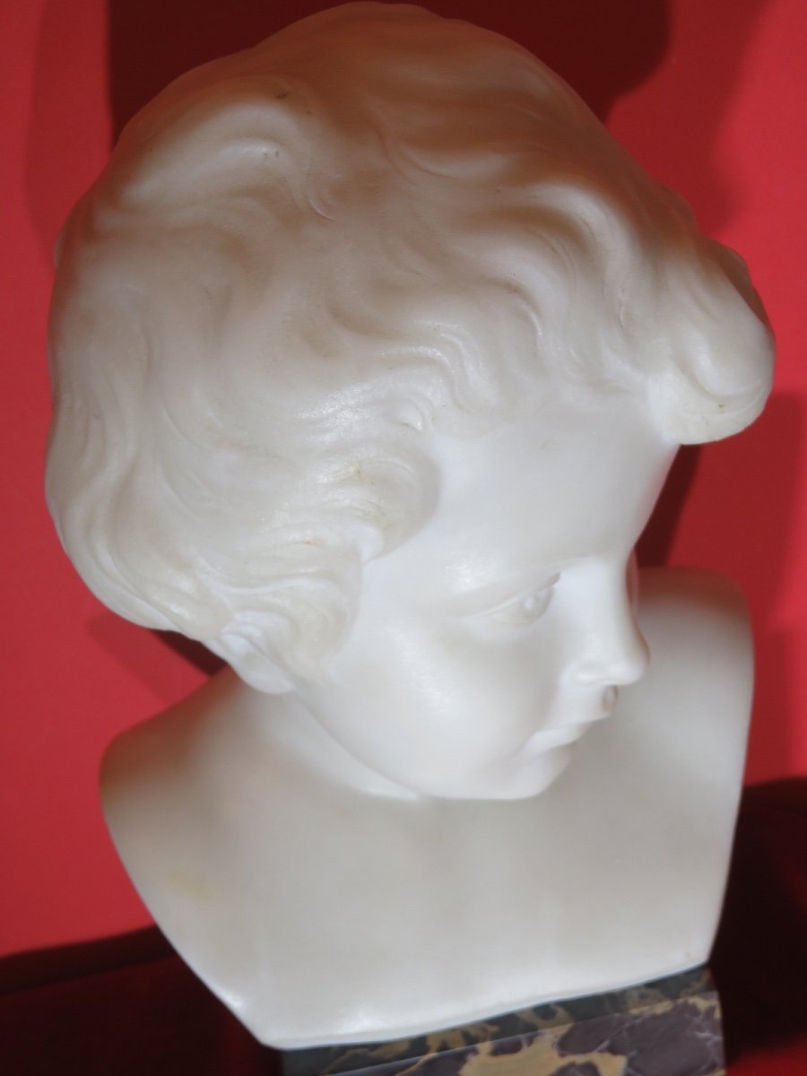 Carrara Marble Bust Of A Child And Portor Marble Base Signed Pugi (1850 - 1915)-photo-4