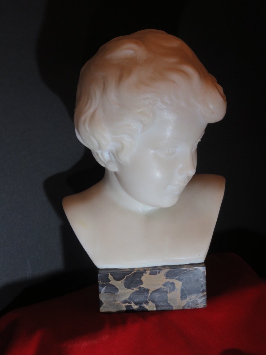 Carrara Marble Bust Of A Child And Portor Marble Base Signed Pugi (1850 - 1915)-photo-5