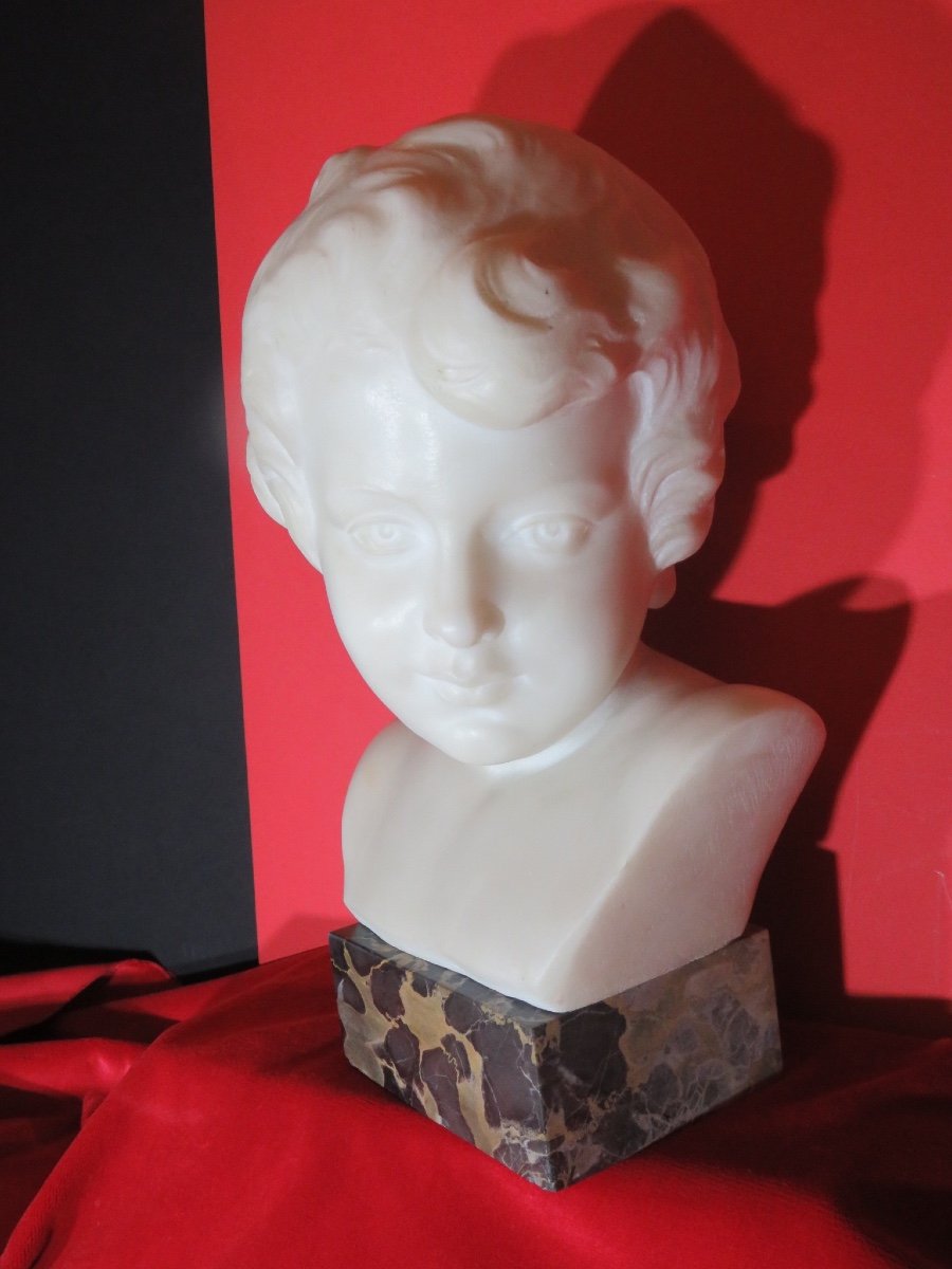 Carrara Marble Bust Of A Child And Portor Marble Base Signed Pugi (1850 - 1915)-photo-6