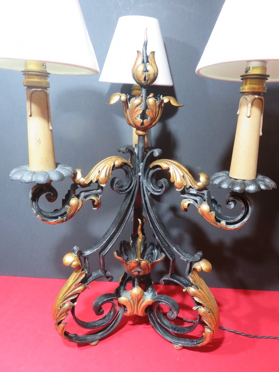 Table Lamp In Wrought Iron And Patinated Sheet Metal, With Three Lights, In The Style Of Gilbert Poillerat -photo-4