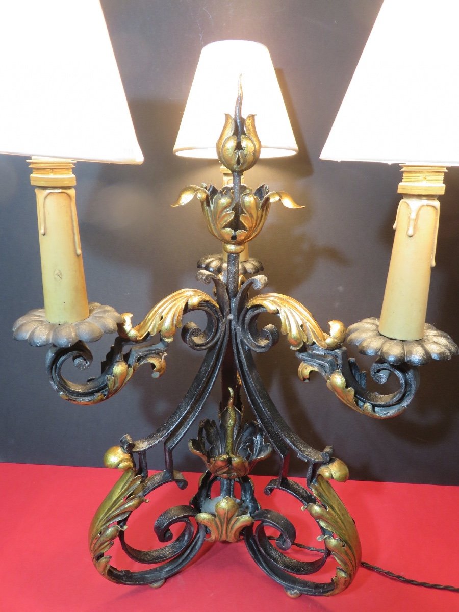 Table Lamp In Wrought Iron And Patinated Sheet Metal, With Three Lights, In The Style Of Gilbert Poillerat -photo-1