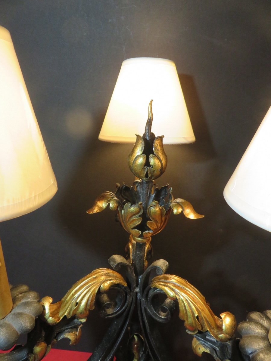 Table Lamp In Wrought Iron And Patinated Sheet Metal, With Three Lights, In The Style Of Gilbert Poillerat -photo-6