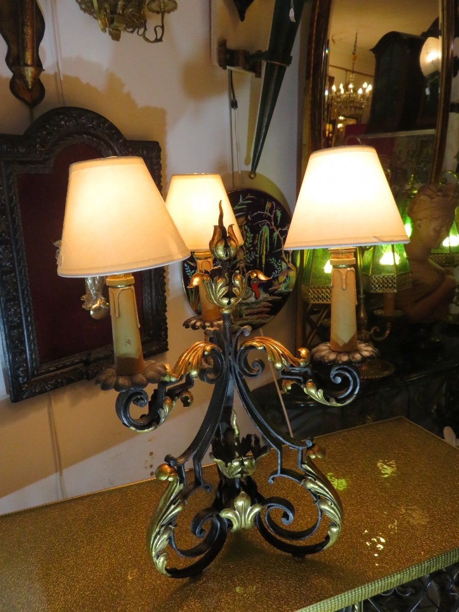 Table Lamp In Wrought Iron And Patinated Sheet Metal, With Three Lights, In The Style Of Gilbert Poillerat -photo-8