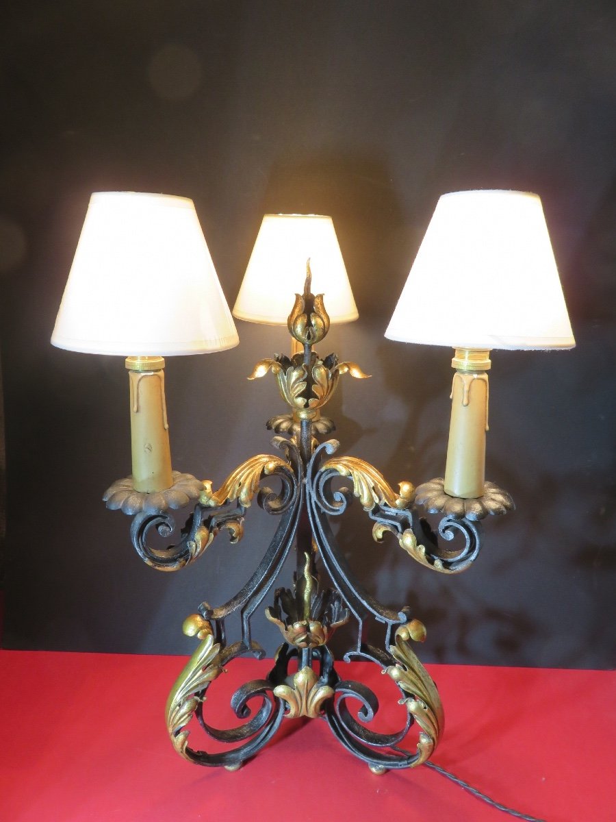 Table Lamp In Wrought Iron And Patinated Sheet Metal, With Three Lights, In The Style Of Gilbert Poillerat 