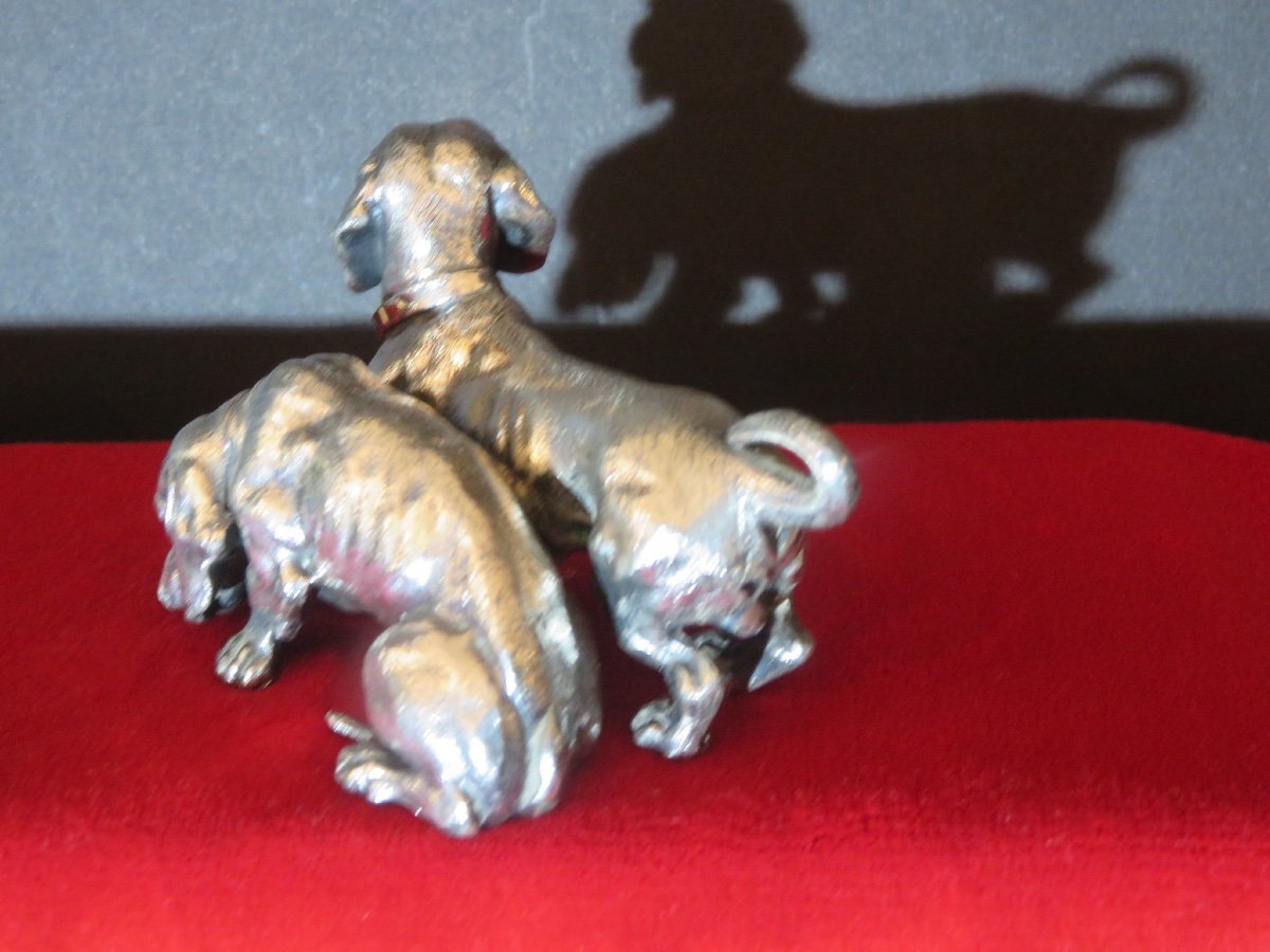 Two Britannia Metal Dachshunds Signed "wmfb Ox" From The Metalwarren Fabrik Art Deco Period-photo-1