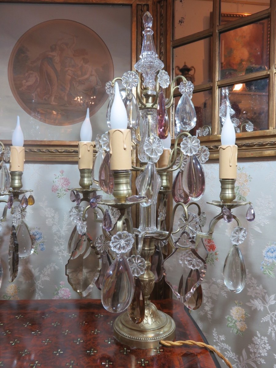 Pair Of Bronze Candelabra With Crystal Pendants (two Colours), With Four Lights, 19th Century -photo-4