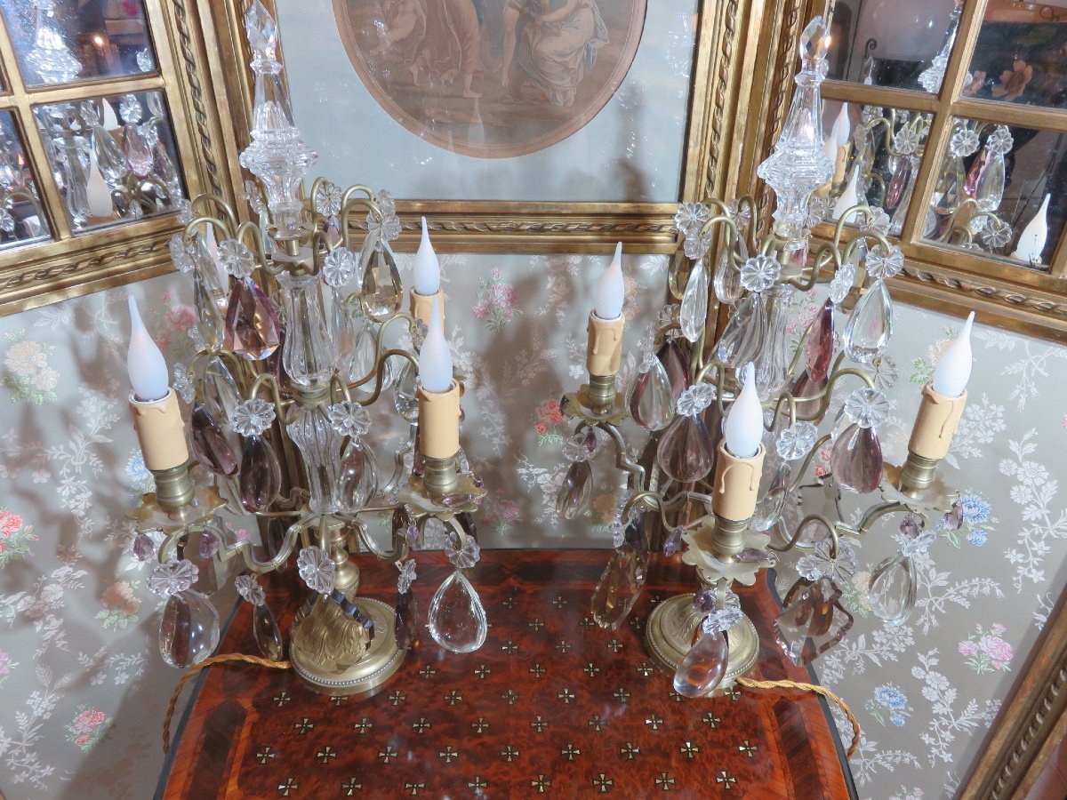 Pair Of Bronze Candelabra With Crystal Pendants (two Colours), With Four Lights, 19th Century -photo-4