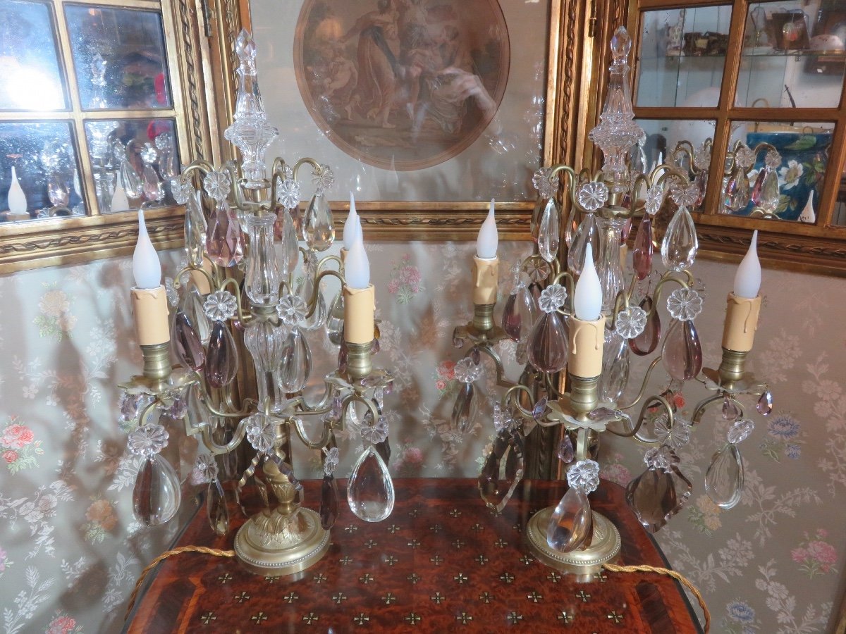 Pair Of Bronze Candelabra With Crystal Pendants (two Colours), With Four Lights, 19th Century -photo-6