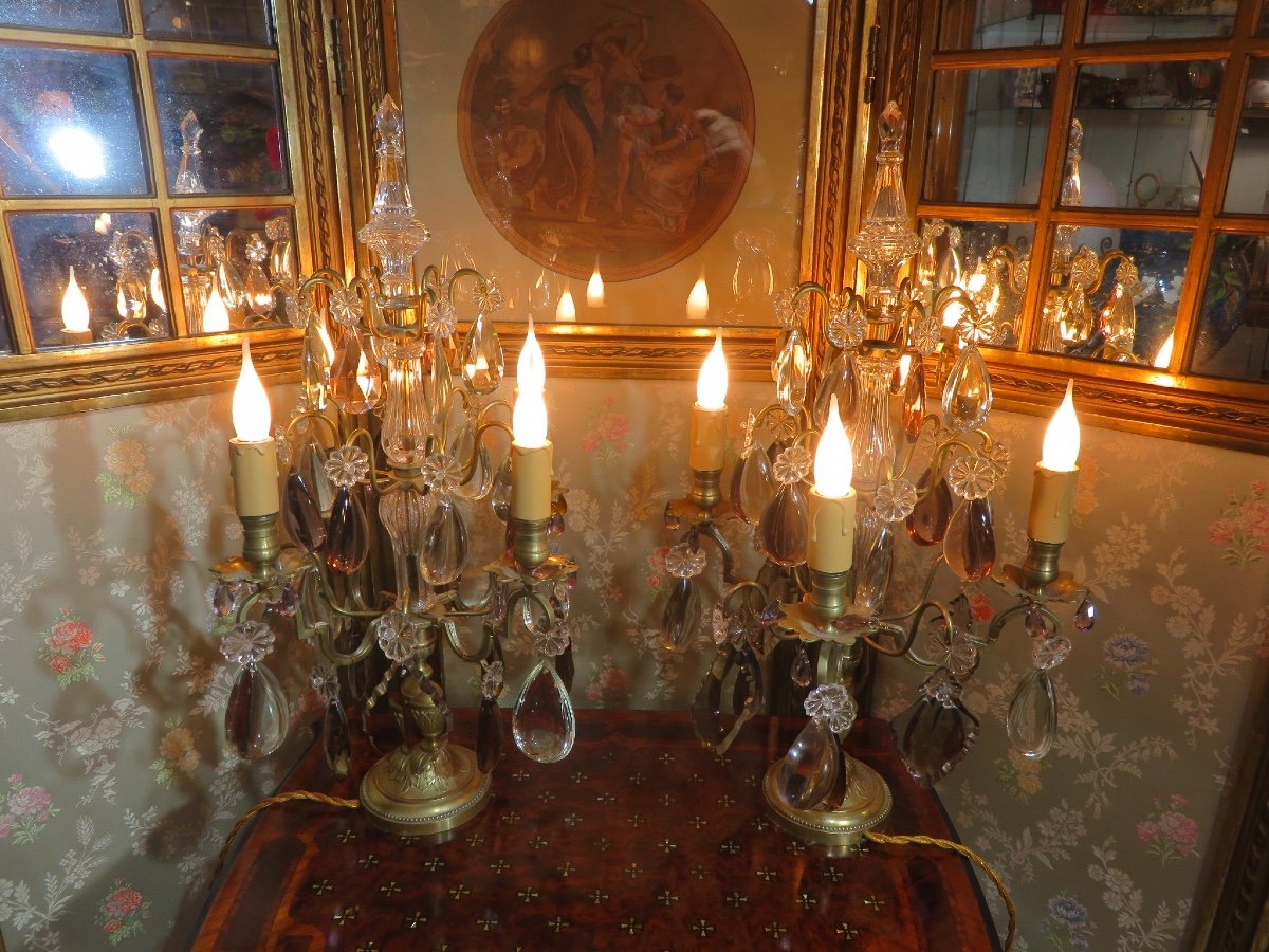 Pair Of Bronze Candelabra With Crystal Pendants (two Colours), With Four Lights, 19th Century -photo-7