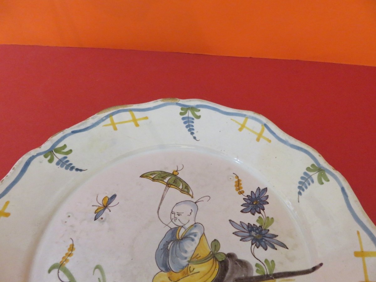 Nevers Earthenware Plate, Chinese Umbrella Decoration, 18th Century-photo-4