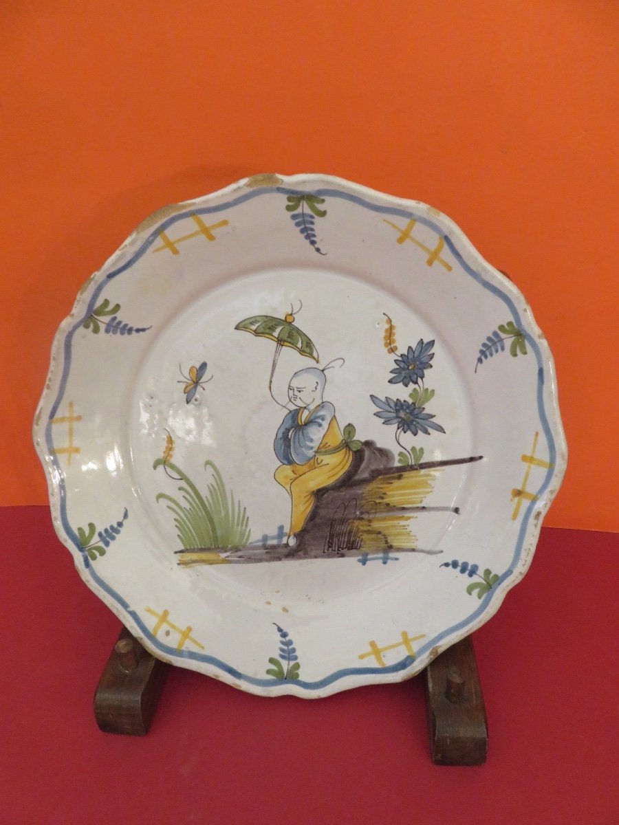 Nevers Earthenware Plate, Chinese Umbrella Decoration, 18th Century