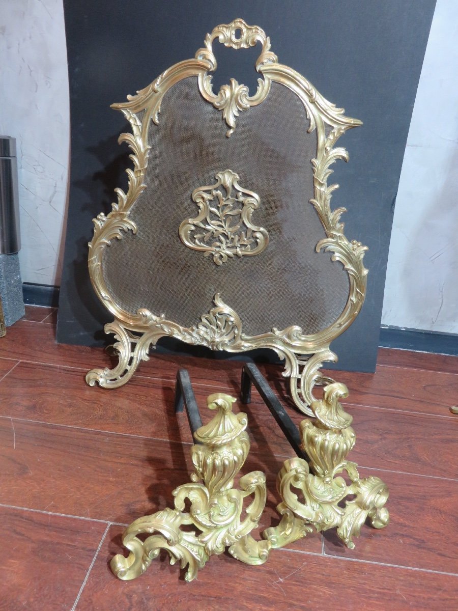 Louis XV Style Gilded Bronze Fire Screen, 19th Century-photo-2