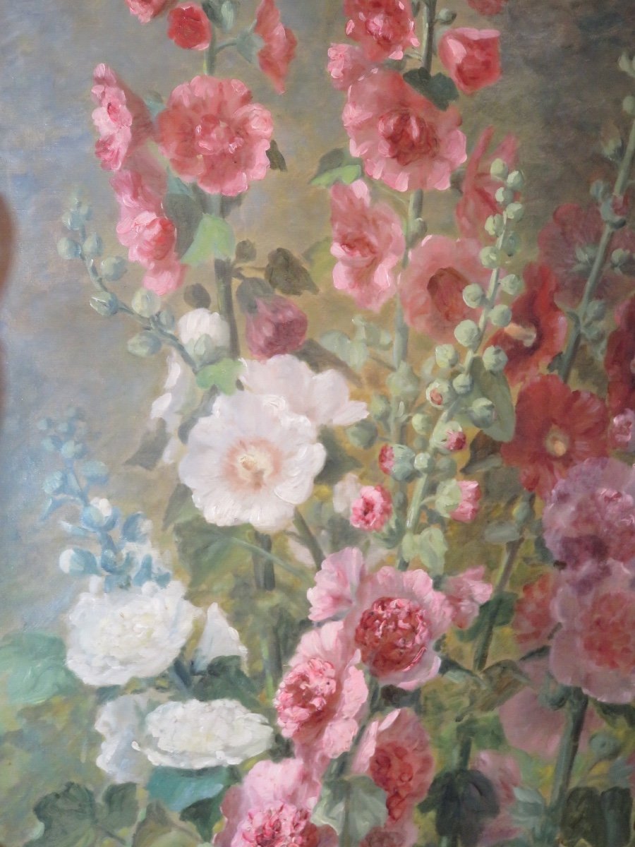 C . Brongniart , huile sur toile ,  grand bouquet  de roses trémières  ( Ht 1,45mX75 cm) XIXème-photo-3