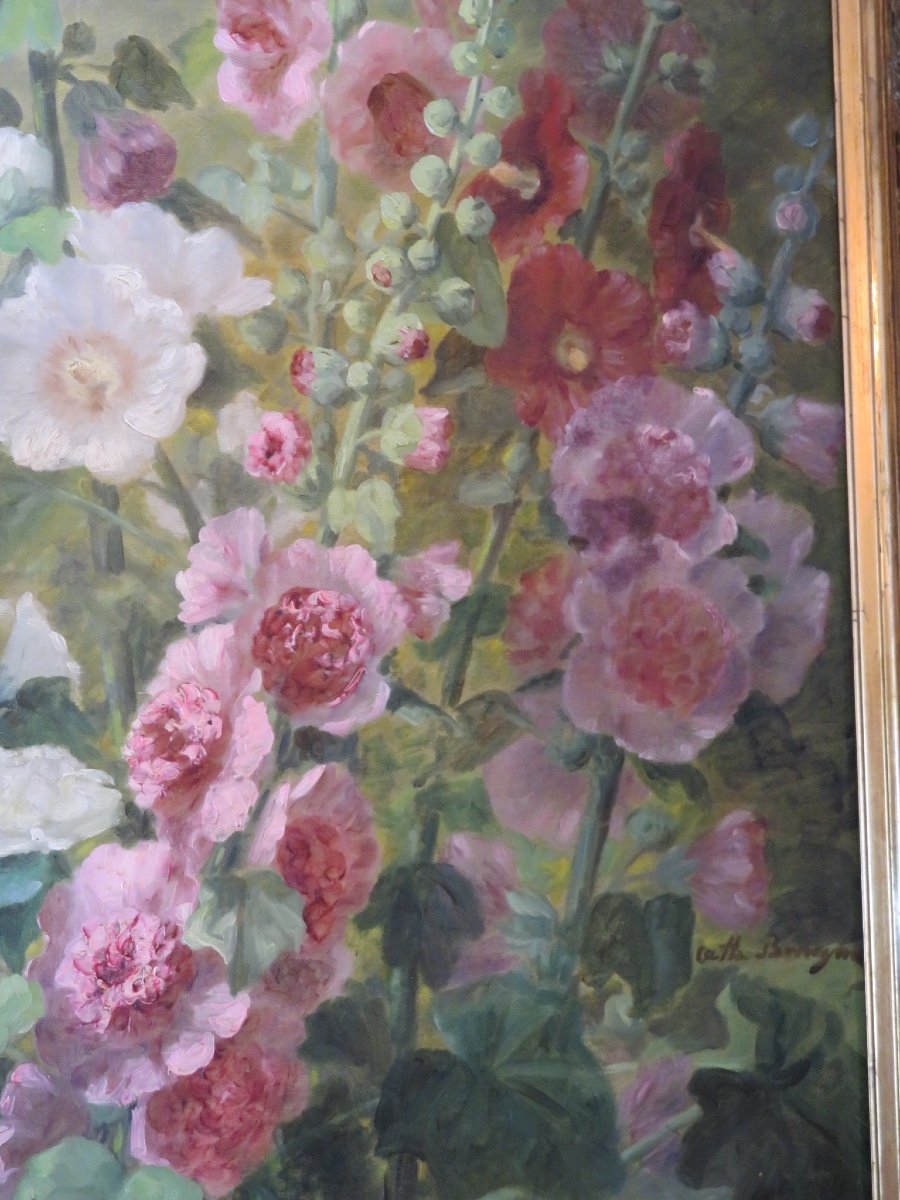 C . Brongniart , huile sur toile ,  grand bouquet  de roses trémières  ( Ht 1,45mX75 cm) XIXème-photo-1