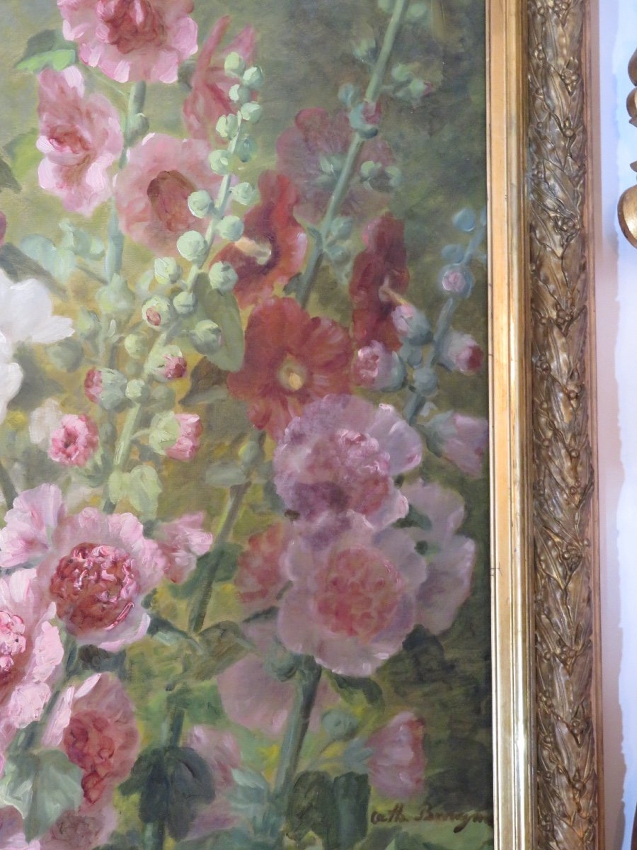 C . Brongniart , huile sur toile ,  grand bouquet  de roses trémières  ( Ht 1,45mX75 cm) XIXème-photo-2